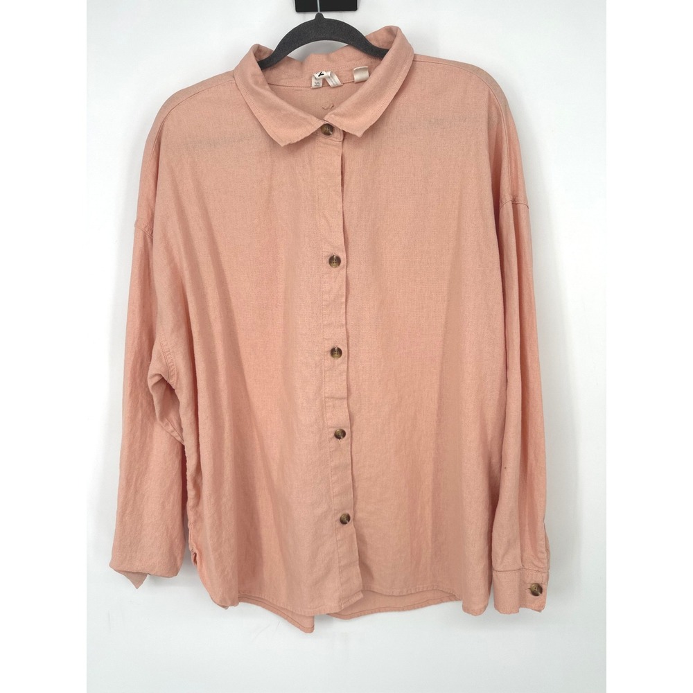 Roxy Button Up Shirt Womens Large Peach Linen Blend Oversized Coastal Beachy